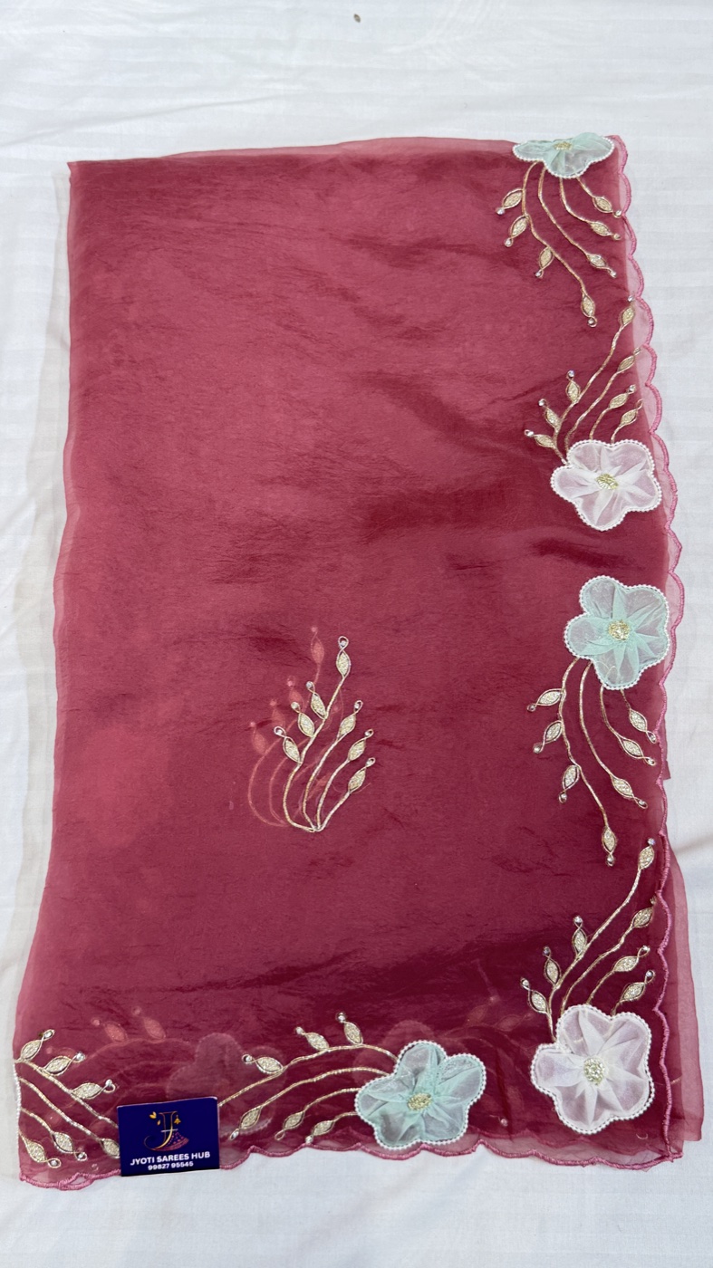 Rose Red Saree with 3D Floral Applique Border