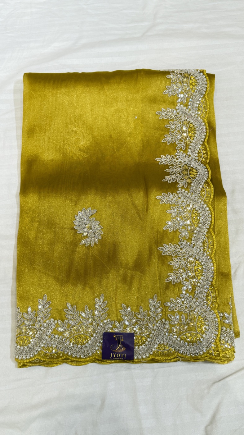 Mustard Saree with Silver Sequin Scallop Border