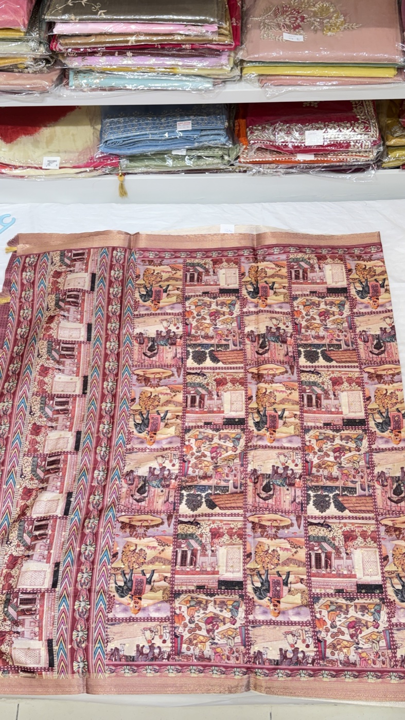 Pink Scenic Print Saree with Zari Border