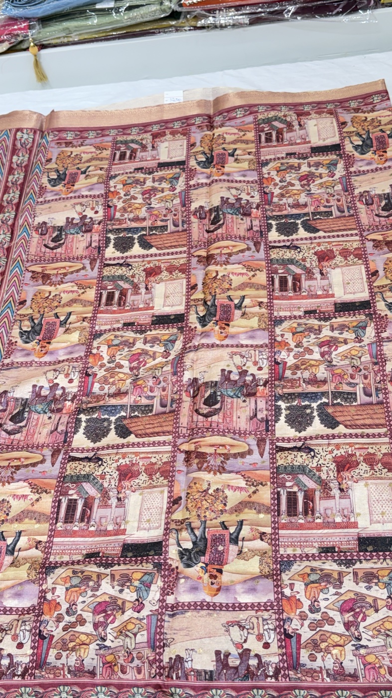 Pink Scenic Print Saree with Zari Border