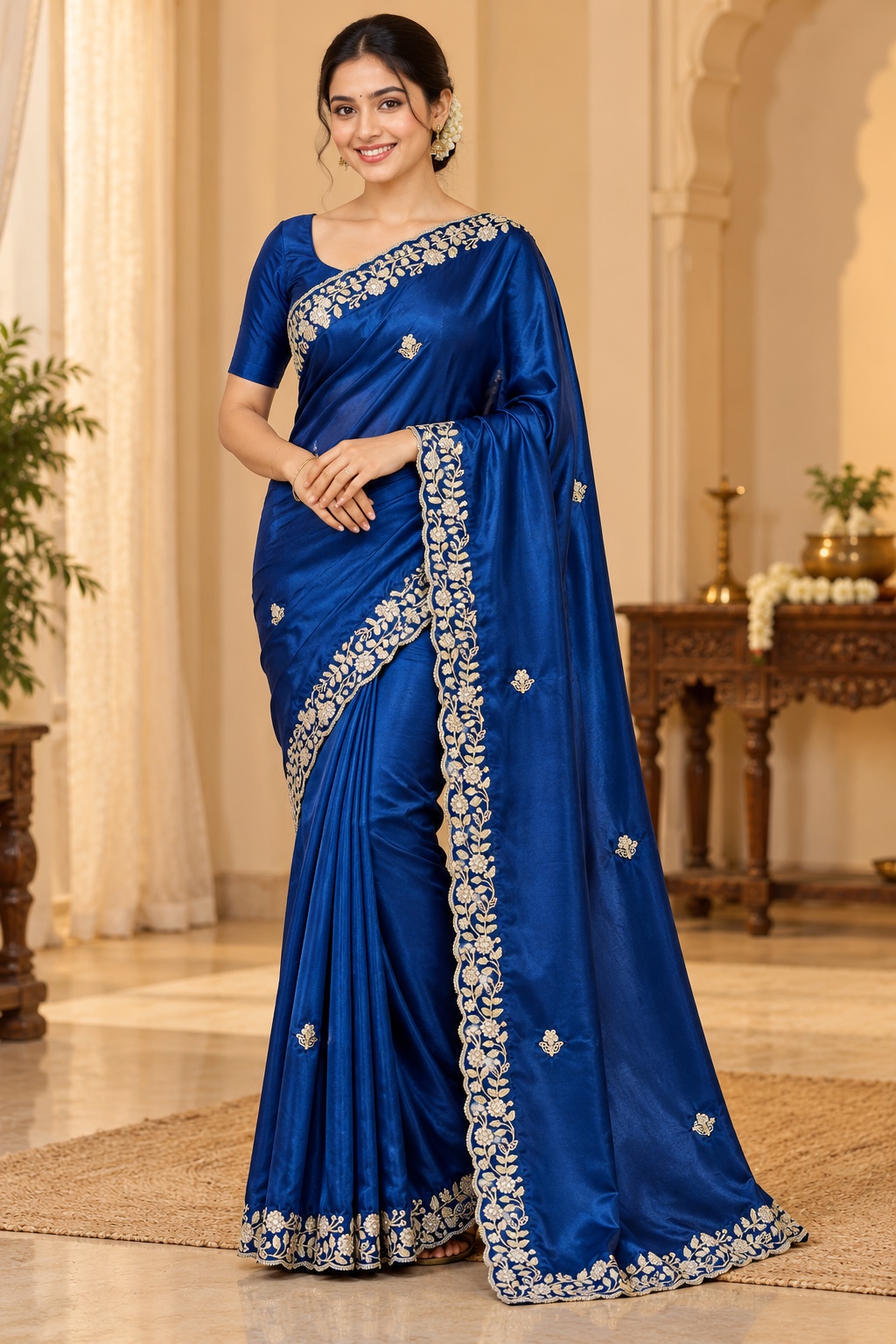 Royal Blue Saree with Silver Floral Border