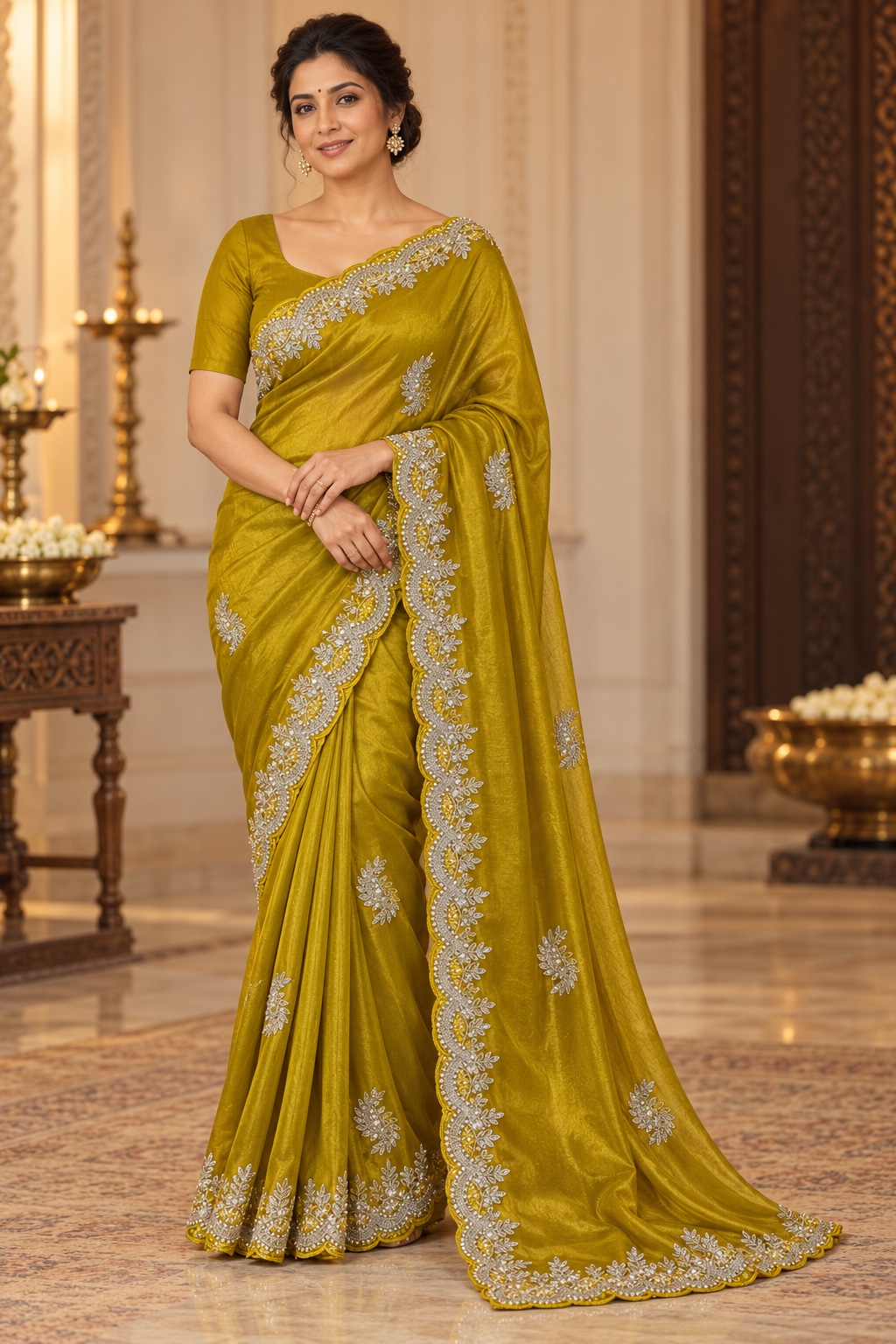 Mustard Saree with Silver Sequin Scallop Border