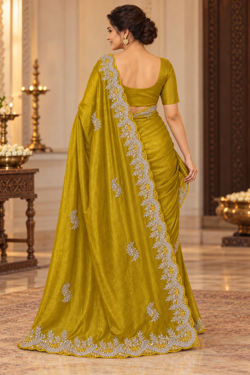 Mustard Saree with Silver Sequin Scallop Border