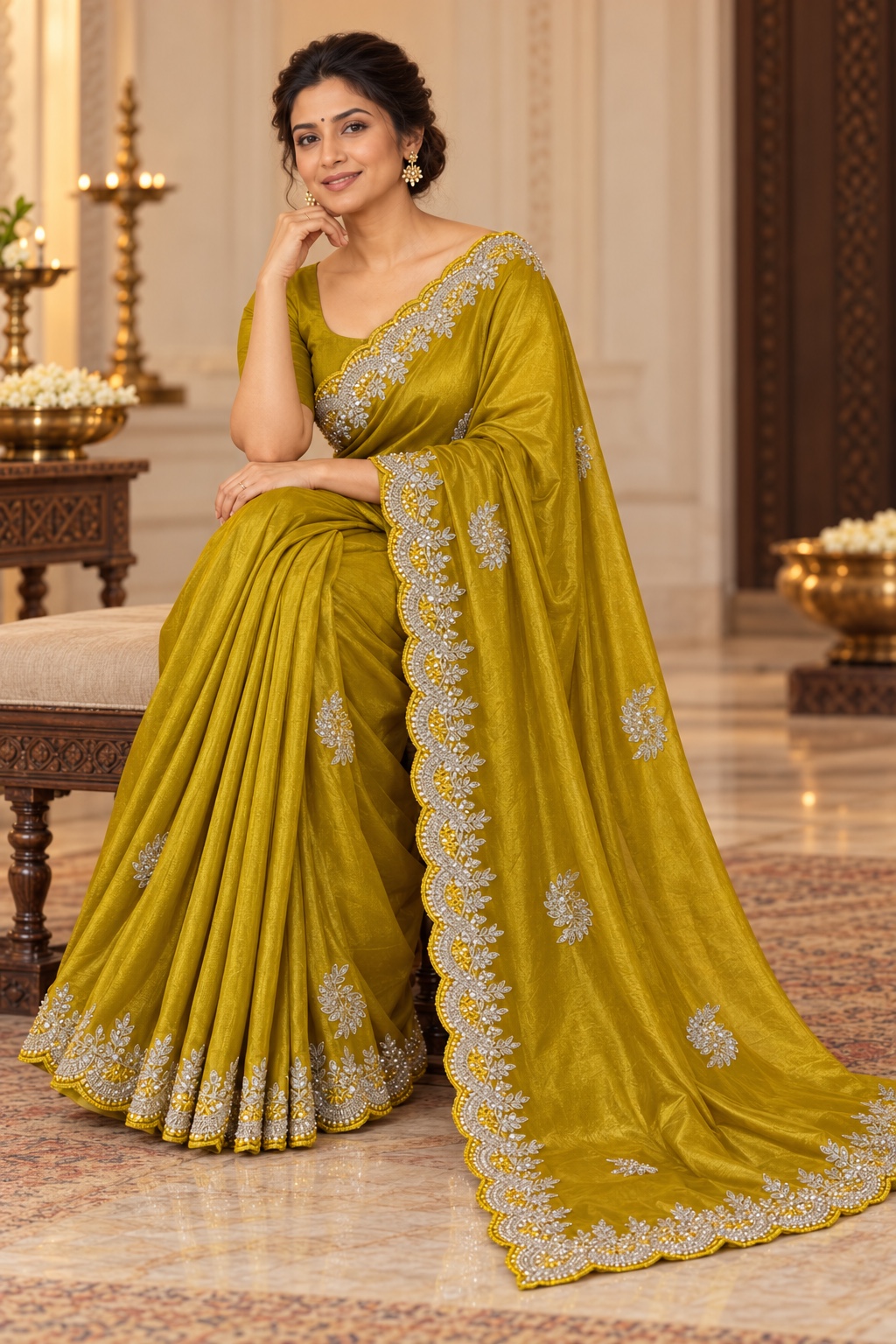 Mustard Saree with Silver Sequin Scallop Border