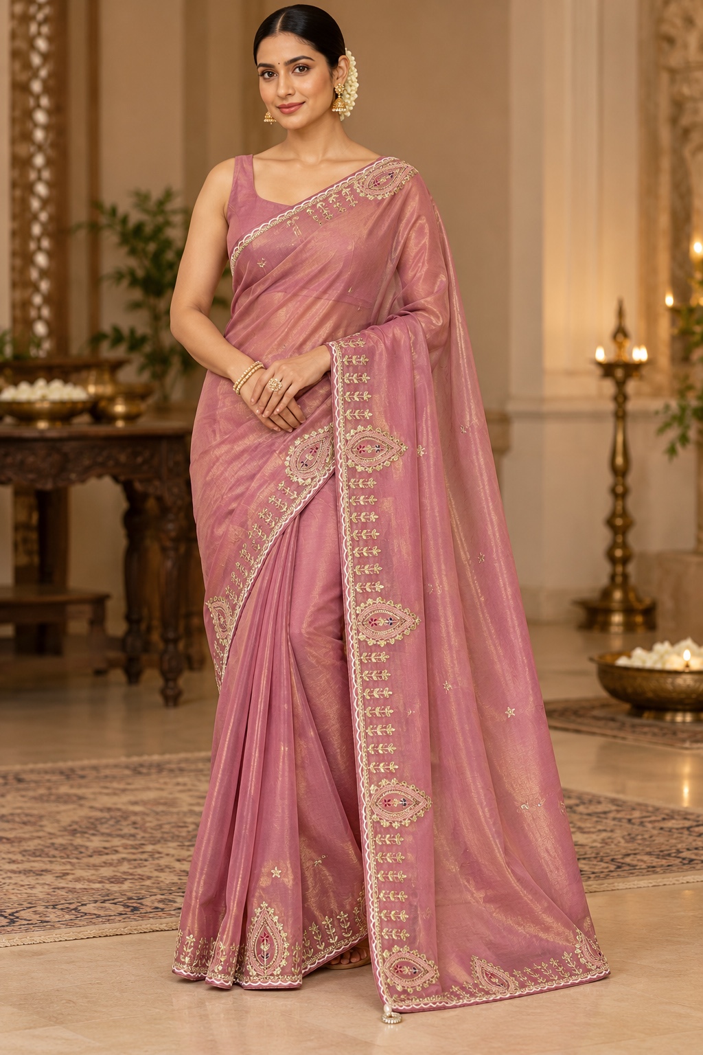 Onion Pink Paisley Cutwork Saree