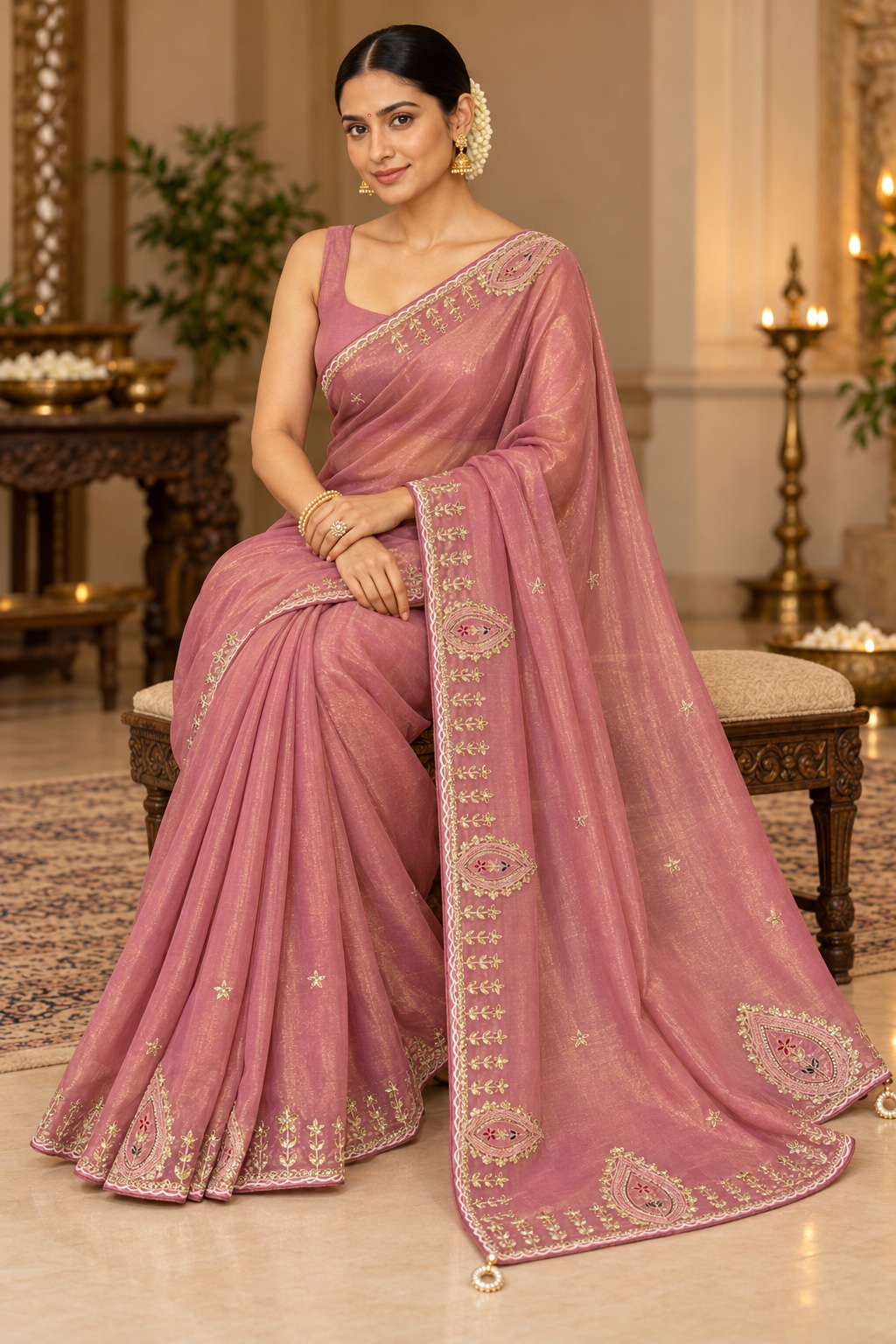 Onion Pink Paisley Cutwork Saree