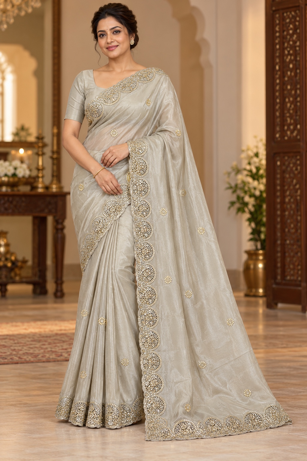 Silver Grey Saree with Medallion Border