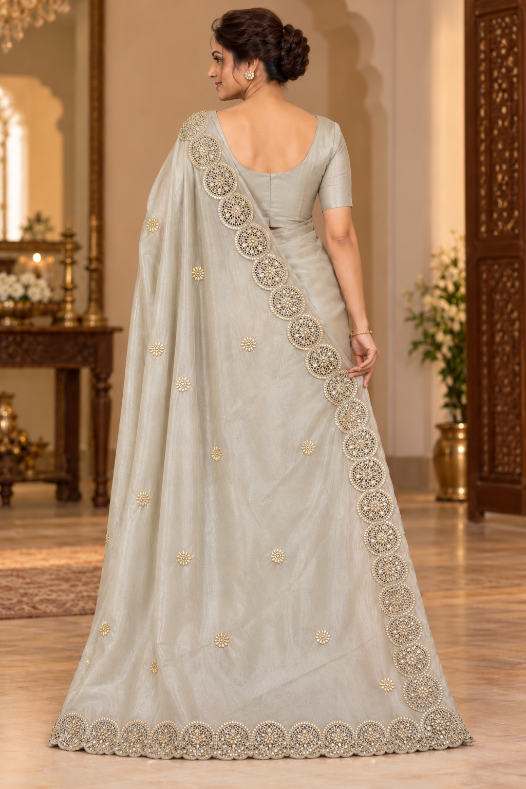 Silver Grey Saree with Medallion Border