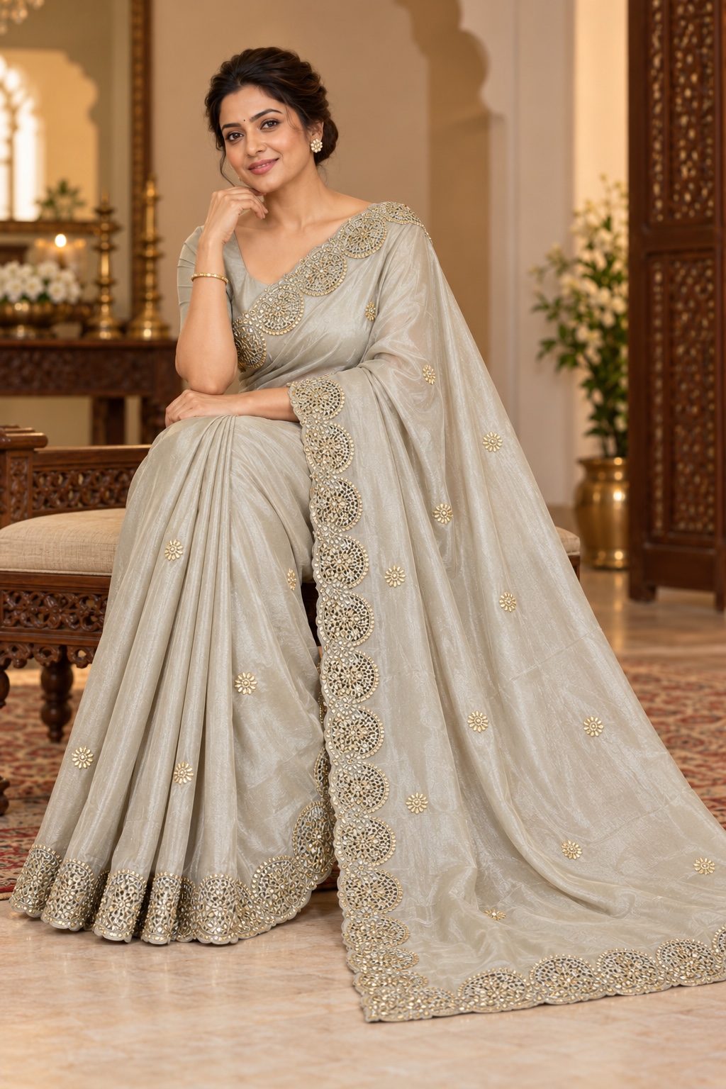 Silver Grey Saree with Medallion Border