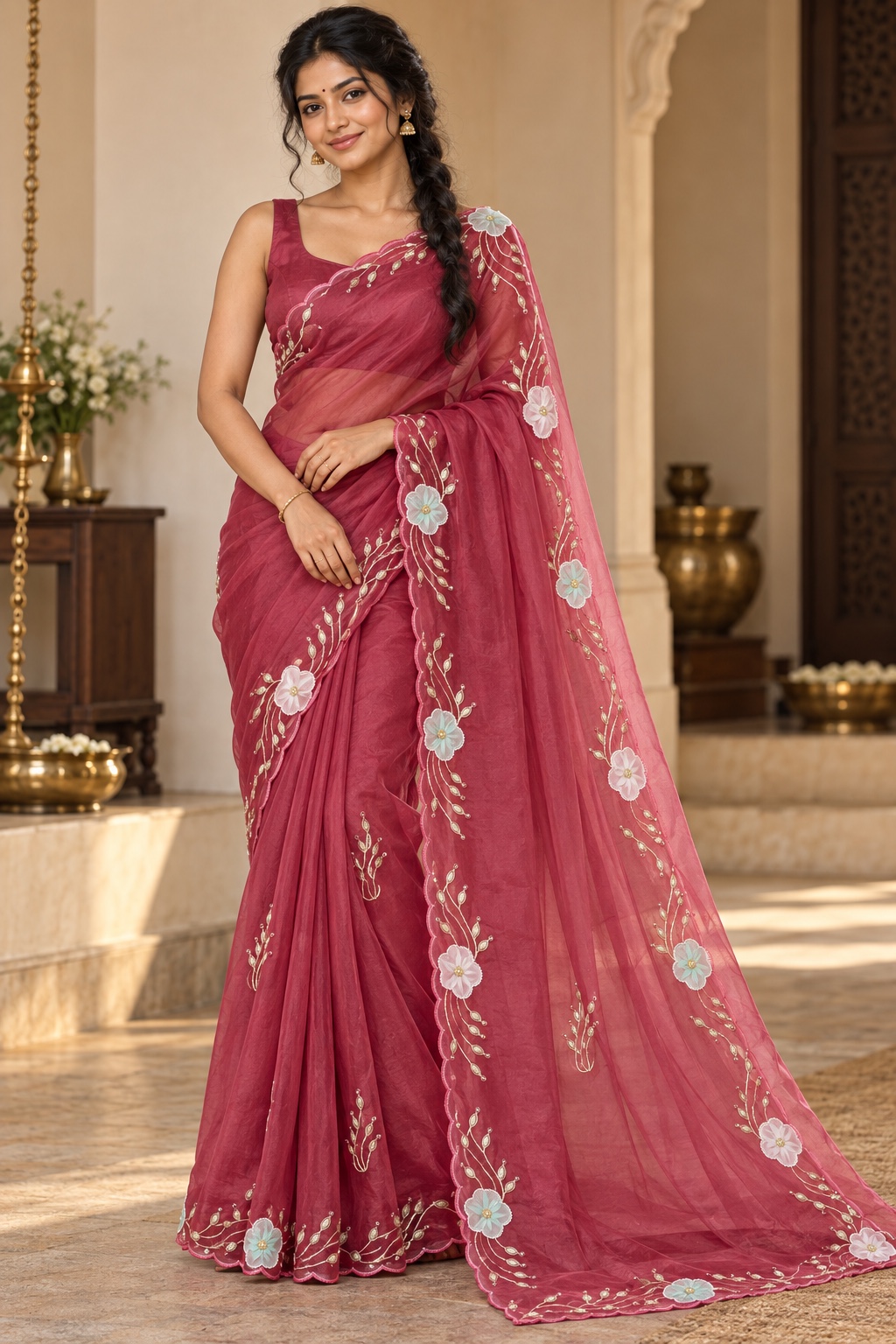 Rose Red Saree with 3D Floral Applique Border