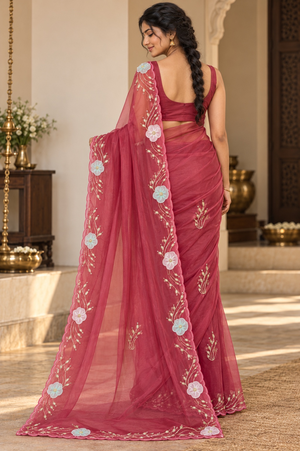 Rose Red Saree with 3D Floral Applique Border