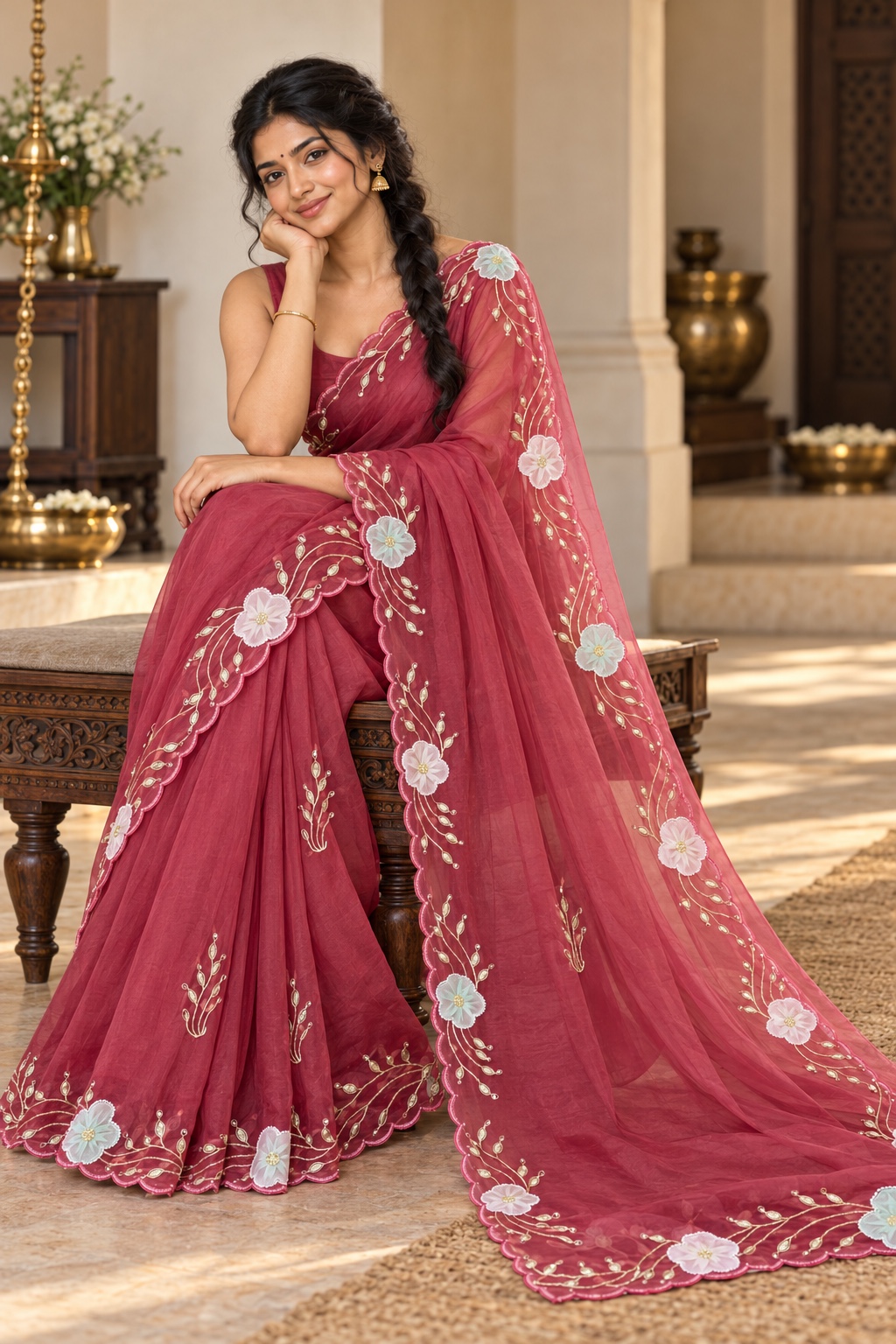 Rose Red Saree with 3D Floral Applique Border