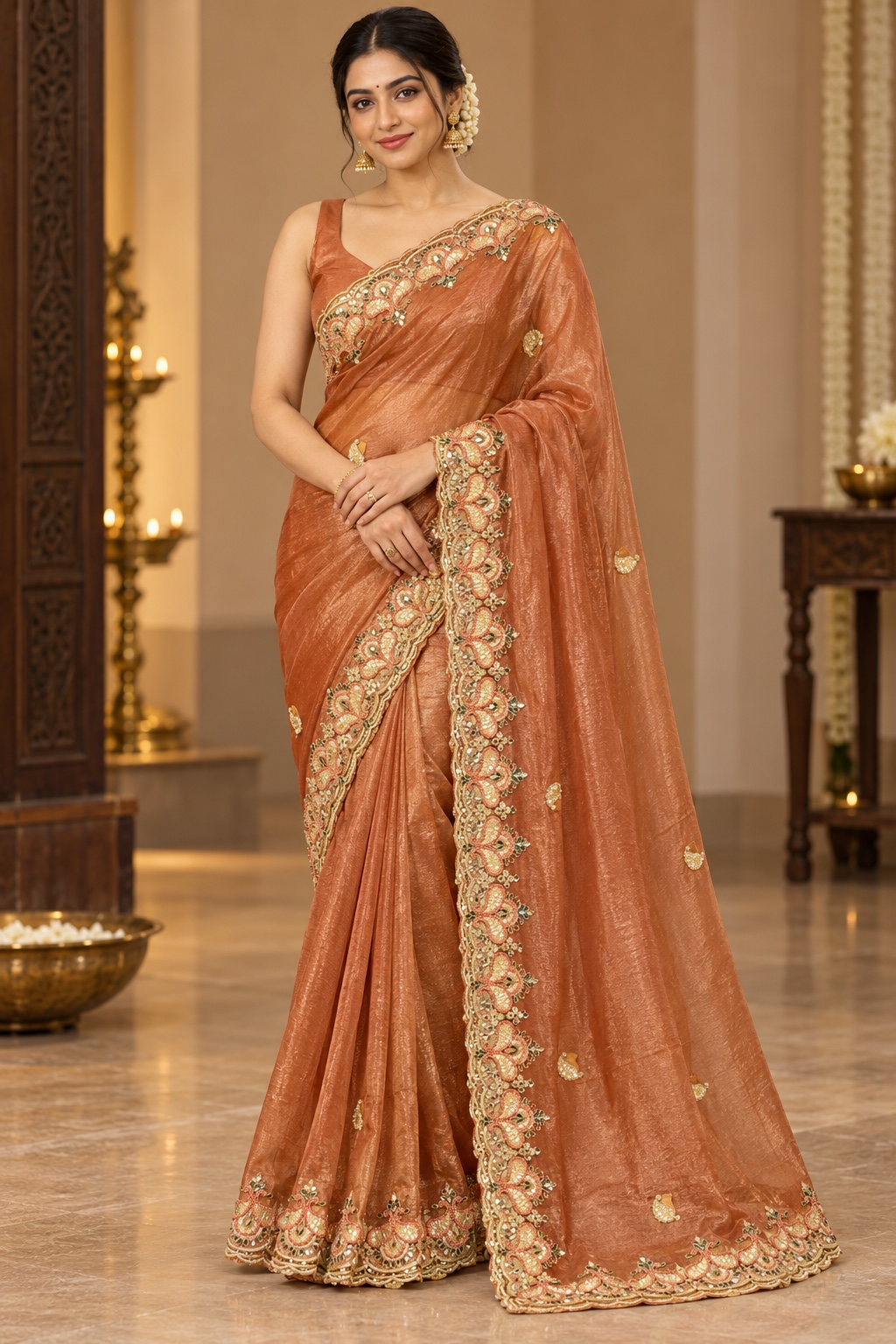 Copper Saree with Floral Cutwork Border