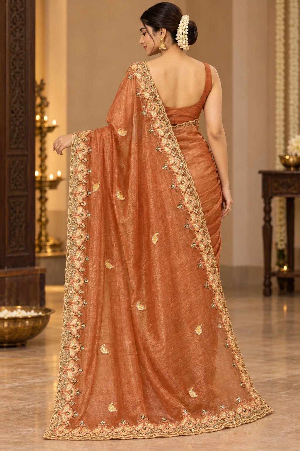 Copper Saree with Floral Cutwork Border