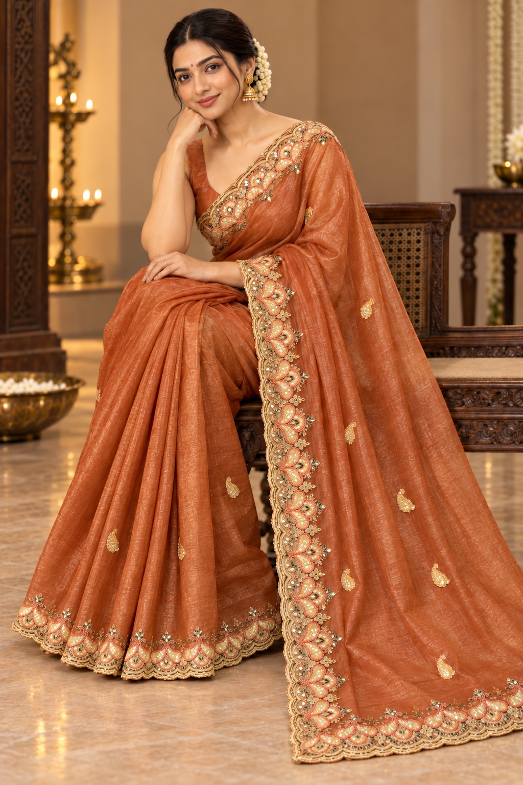Copper Saree with Floral Cutwork Border