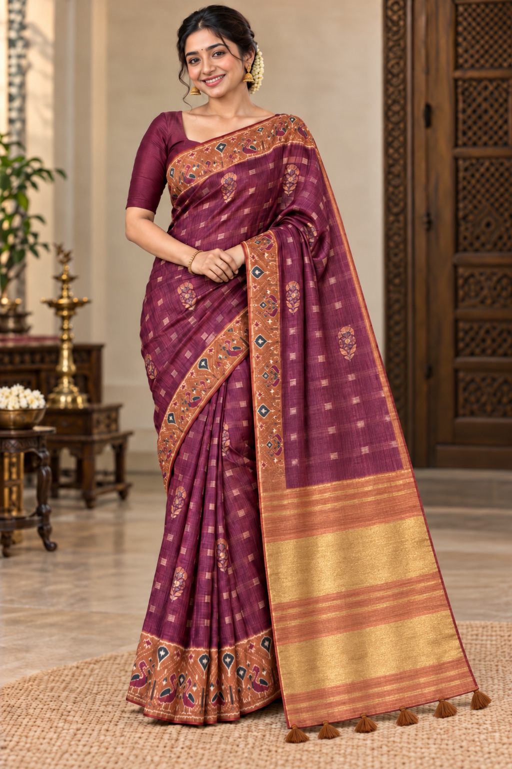 Wine Patola Print Saree with Zari Tassel Pallu