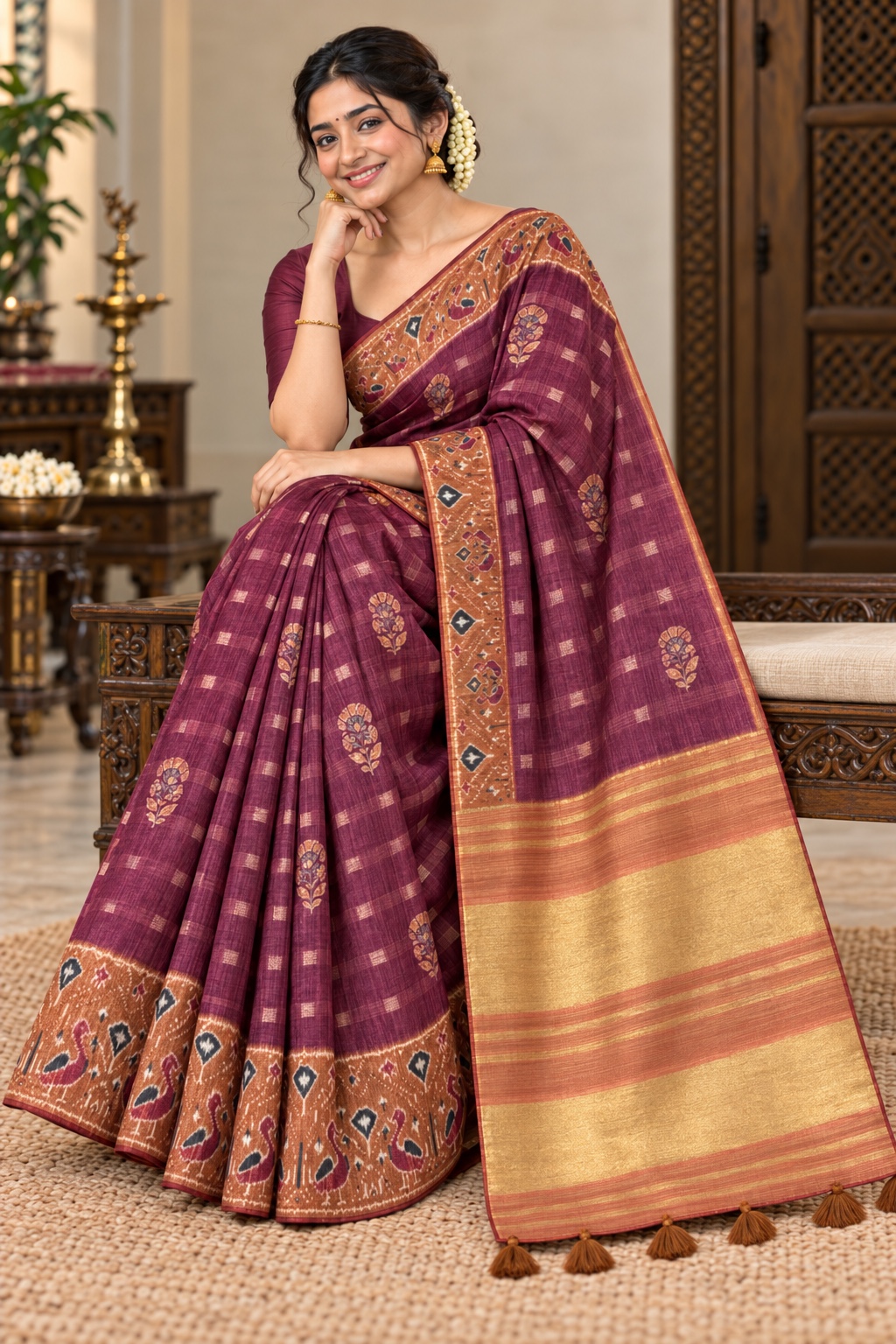 Wine Patola Print Saree with Zari Tassel Pallu