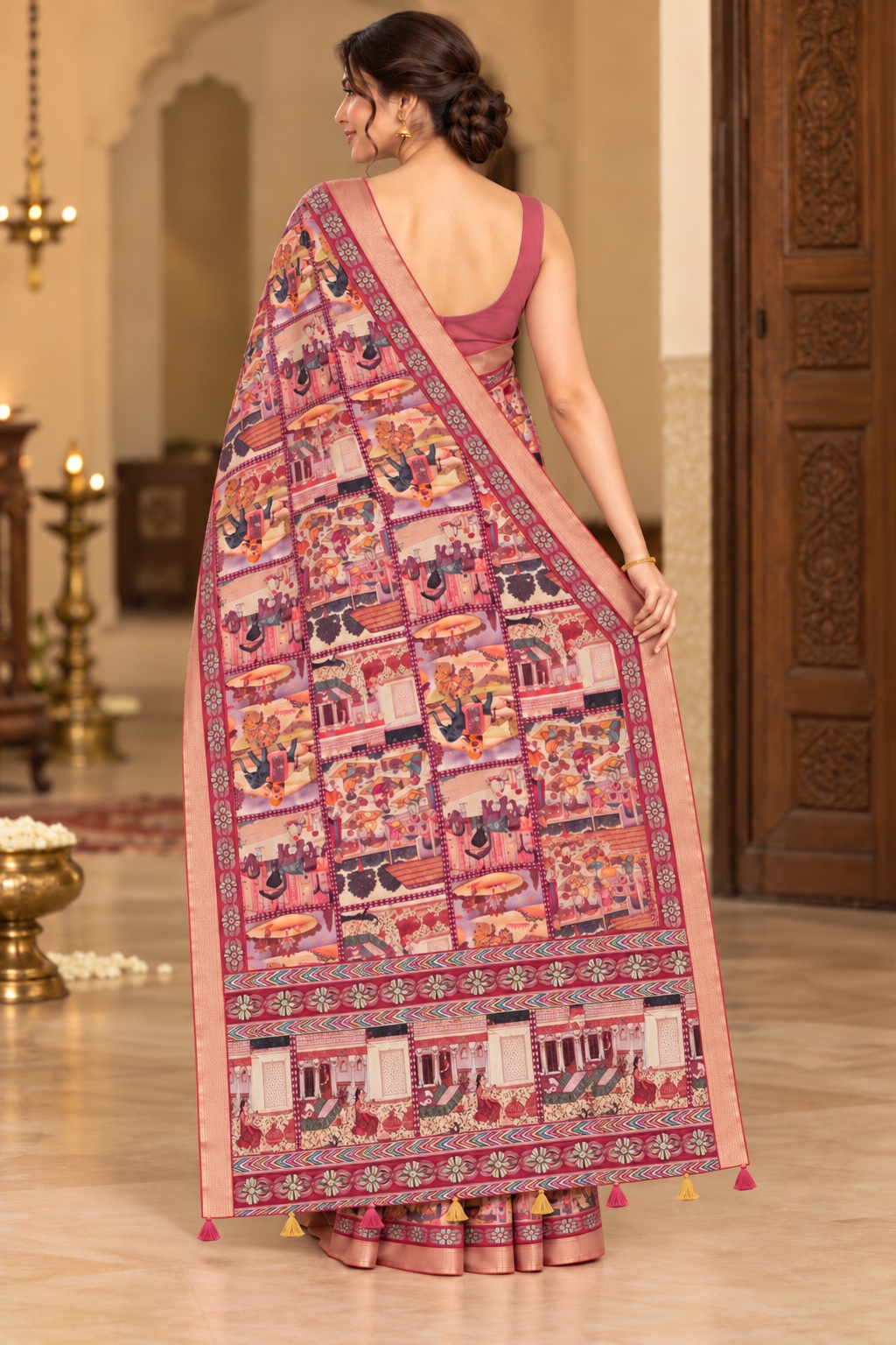 Pink Scenic Print Saree with Zari Border