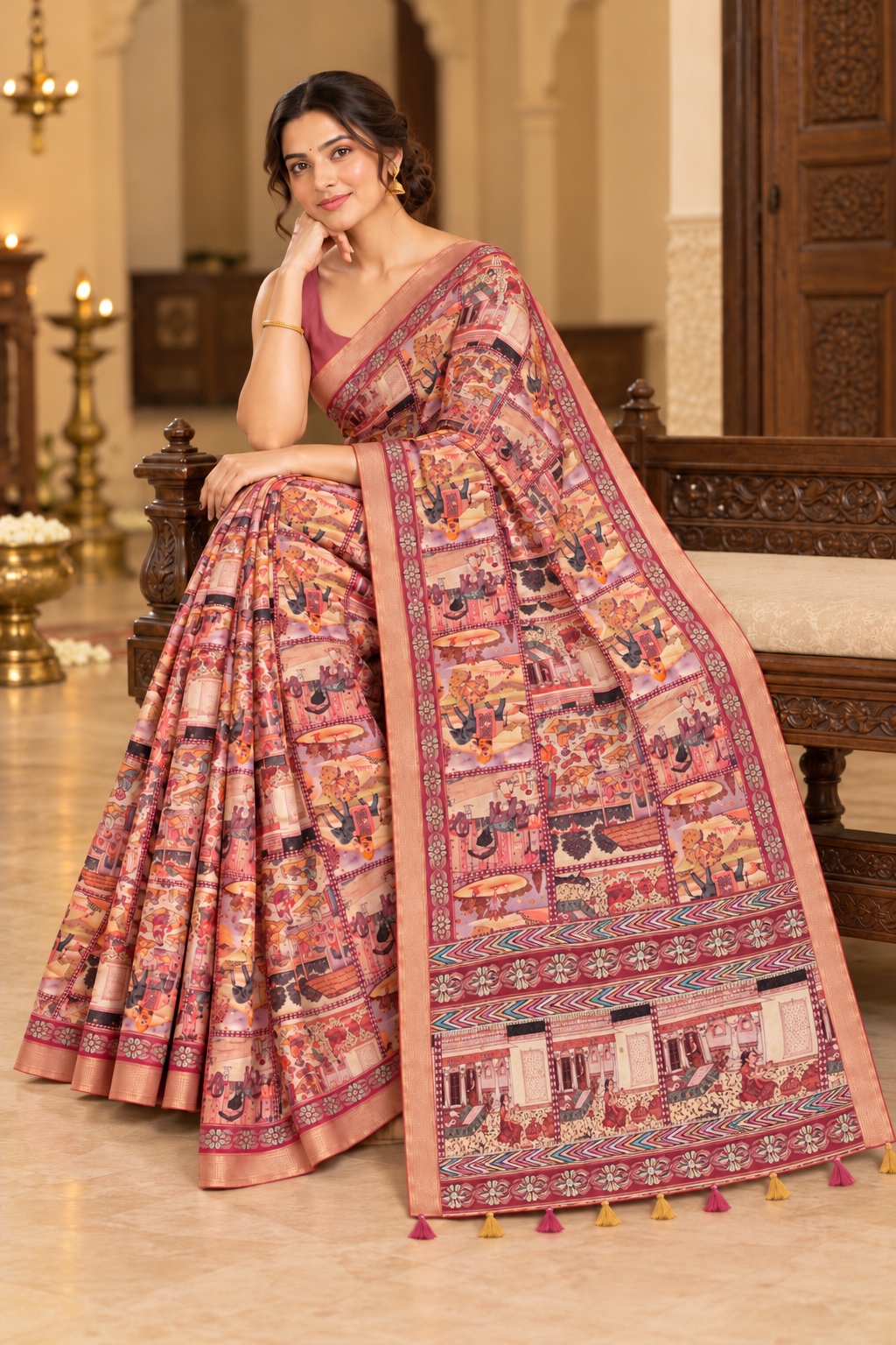 Pink Scenic Print Saree with Zari Border